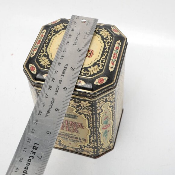 Vintage Daher Tea Tin Thomas Martin & Co China Tea Container Floral Black Gold - Picture 4 of 10